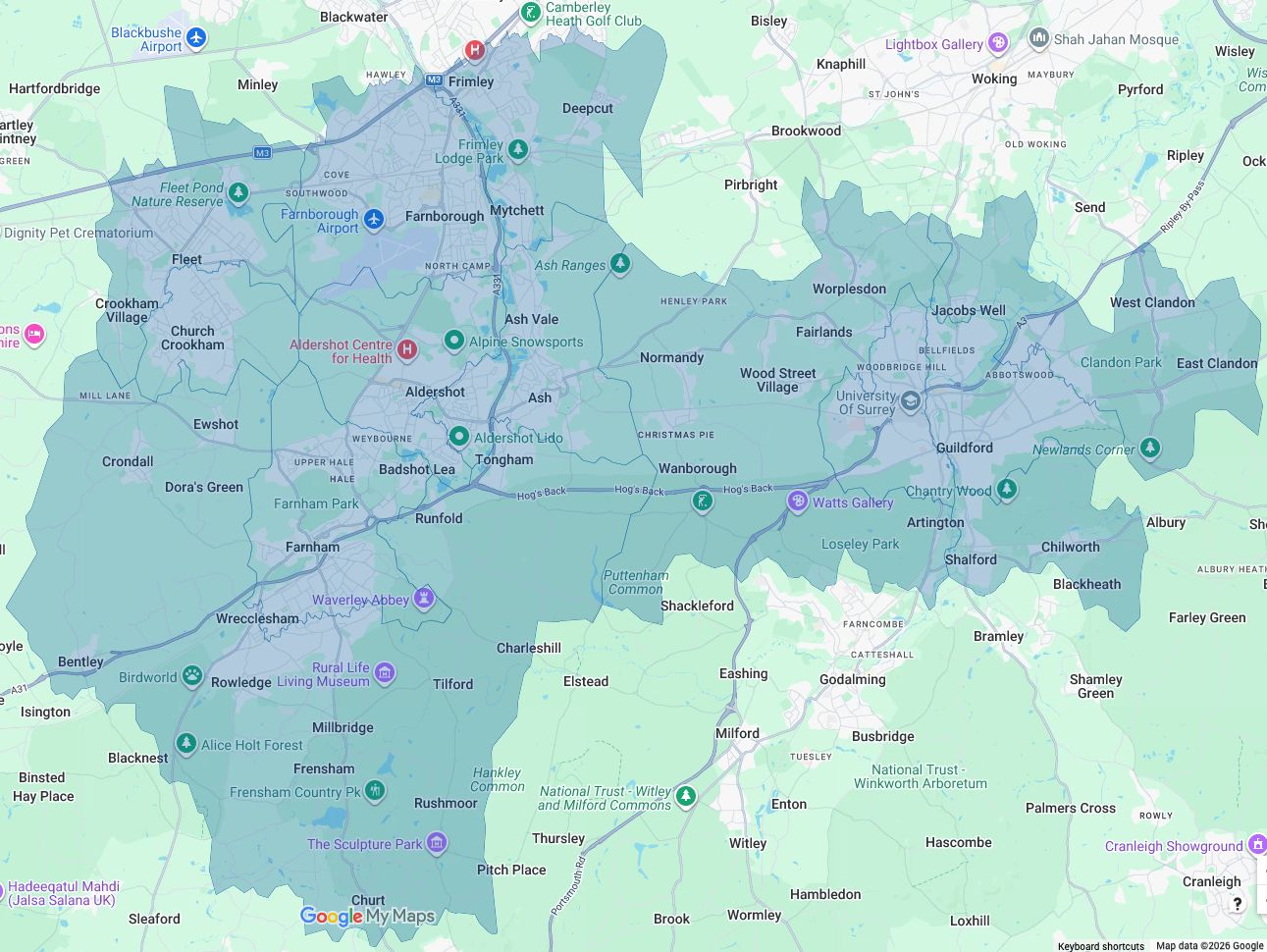 Map of the areas covered by The Farnham Handyman, from Farnham to Fleet, Farnborough and Guildford