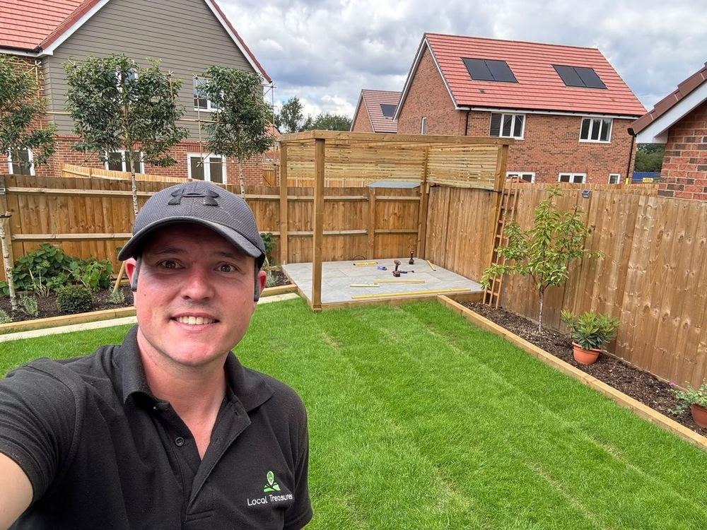 Sander after finishing a garden pergola and patio project